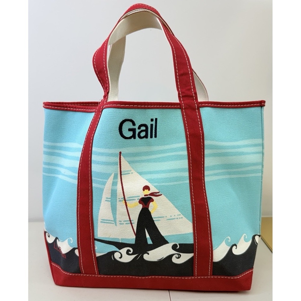 LL Bean Casco Bay Sailor Girl Print Boat Tote Medium NWT Rare Embroidered FLAWS